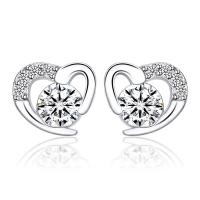 Messing Stud Earring, Heart, platineret, Micro Pave cubic zirconia & for kvinde & hule, flere farver til valg, 9mm, Solgt af par