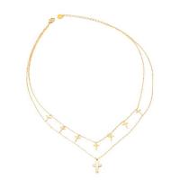 Collier d'acier titane, avec 2.36inch chaînes de rallonge, croix, Placage, Double couche & pour femme & avec strass, doré, 16mm, Longueur Environ 15.75 pouce, Environ 17.32 pouce, Vendu par PC