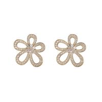 Boucles d'oreilles en laiton zircon cubique pavent, Plaqué d'or 14K, bijoux de mode & pavé de micro zircon & pour femme, protéger l'environnement, sans nickel, plomb et cadmium, 27x25mm, Vendu par paire