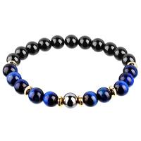 Pulseiras de pedras preciosas, Obsidiana, with Black+Magnetic+Stone Preto +Magnetic + Stone & olho de tigre, Roda, joias de moda & unissex, azul, 8mm, comprimento 7 inchaltura, vendido por PC