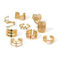 304 rustfrit stål Cuff fingerring, med Natursten & Plastic Pearl, guldfarve belagt, forskellige stilarter for valg & Micro Pave cubic zirconia & for kvinde & emalje, Størrelse:6-8, Solgt af PC