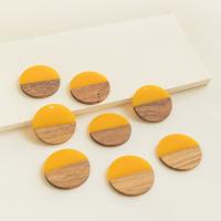 Pendentifs en bois, avec résine, Plat rond, goutté d'époxy, DIY, Jaune, 28mm, Environ 50PC/sac, Vendu par sac