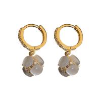 Messing Huggie Hoop Drop Earring, met Cats Eye, Hortensia 's, gold plated, voor vrouw & met strass, 10x20mm, Verkocht door pair