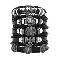 Pulseras de Cordón de PU, Cuero de PU, con plástico recubierto de cobre & aleación de zinc, 5 piezas & estilo punky & ajustable & para hombre, Negro, longitud aproximado 18-23 cm, Vendido por Set