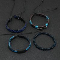 Pulseira de liga de zinco, with Contas de vidro & Cabo de PU & Fio de cera, feito à mão, 4 peças & joias de moda & para o homem, vendido por Defina