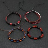 Pulseira de liga de zinco, with Cabo de PU & Fio de cera & madeira, feito à mão, 4 peças & joias de moda & para o homem, vendido por Defina