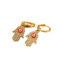 Messing Huggie Hoop Drop Earring, Hamsa, guldfarve belagt, for kvinde & emalje & med rhinestone, 20x30mm, Solgt af par