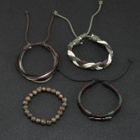 Pulseira de liga de zinco, with Contas de vidro & Cabo de PU & Fio de cera, feito à mão, 4 peças & joias de moda & para o homem, vendido por Defina