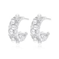 Cubic Zirconia Micro άνοιγαν Sterling Silver Σκουλαρίκι, 925 ασημένιο ασήμι, με Shell Pearl, κοσμήματα μόδας & μικρο ανοίξει κυβικά ζιρκονία & για τη γυναίκα, νικέλιο, μόλυβδο και κάδμιο ελεύθεροι, 6x18mm, Sold Με Ζεύγος