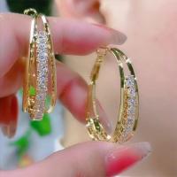 Messing Hoop Earring, ægte forgyldt, for kvinde & med rhinestone & hule, 10x30mm, Solgt af par