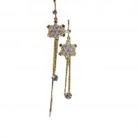 Zinc Alloy Draad door Oorbellen, Sneeuwvlok, gold plated, voor vrouw & met strass, 15x90mm, Verkocht door pair