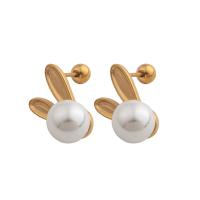 Roestvrij staal Stud Earrings, 304 roestvrij staal, met Plastic Pearl, mode sieraden & voor vrouw, gouden, 15x10x9mm, Verkocht door pair