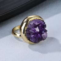 Natural Bague Quartz, améthyste, avec laiton, Placage de couleur d'or, pour femme, violet, protéger l'environnement, sans nickel, plomb et cadmium, 43x13mm, Diamètre intérieur:Environ 19mm, Vendu par PC