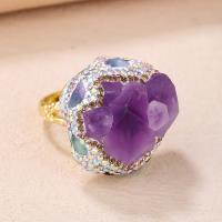 Natural Bague Quartz, améthyste, avec tourmaline & laiton, Placage de couleur d'or, pour femme & avec strass, violet, protéger l'environnement, sans nickel, plomb et cadmium, Diamètre intérieur:Environ 19mm, Vendu par PC