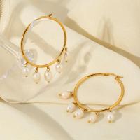 Mens Cruach dhosmálta fonsa Earring, 304 Cruach dhosmálta, le Pearl Plaisteacha, Babhta, 18K ór plátáilte, jewelry faisin & do bhean, órga, 58x41mm, Díolta De réir Péire