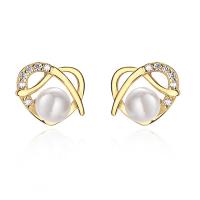 Cubic Zirconia Micro άνοιγαν Sterling Silver Σκουλαρίκι, 925 Sterling Silver, με Shell Pearl, επιχρυσωμένο, μικρο ανοίξει κυβικά ζιρκονία & για τη γυναίκα, περισσότερα χρώματα για την επιλογή, 7.20x8.10mm, Sold Με Ζεύγος