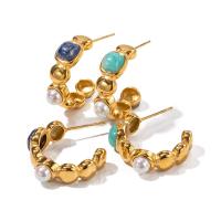 Roestvrij staal Stud Earrings, 304 roestvrij staal, met Lapis Lazuli & Shell Pearl & Amazoniet, 18K verguld, mode sieraden & verschillende materialen voor de keuze & voor vrouw, gouden, 22x6.40mm, Verkocht door pair