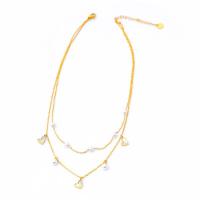 Titanium Steel Necklace with White Shell & Plastic Pearl with 2.36inch extender chain plated Double Layer & for woman golden Length Approx 15.75 Inch Approx 16.93 Inch Sold By PC