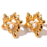 Roestvrij staal Stud Earrings, 304 roestvrij staal, met Plastic Pearl, Bloem, plated, mode sieraden, gouden, 20x19.20mm, Verkocht door pair