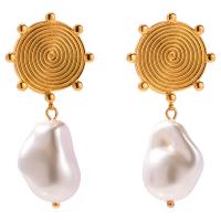 Brinco de gota de aço inoxidável, Aço inoxidável 304, with Shell Pearl, banhado, joias de moda, dourado, vendido por par