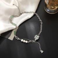 Collier d'acier titane, avec Jade & perle de plastique, avec 5cm chaînes de rallonge, bijoux de mode & pavé de micro zircon & pour femme, couleur originale, Longueur Environ 24 cm, Vendu par PC