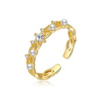 Cúbicos Circonia Micro Pave anillo de latón, metal, con Perlas plásticas, chapado en oro real, Joyería & micro arcilla de zirconia cúbica & para mujer, libre de níquel, plomo & cadmio, Ring inner diameter:17mm, Vendido por UD