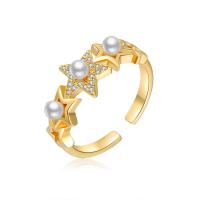 Cúbicos Circonia Micro Pave anillo de latón, metal, con Perlas plásticas, Estrella, chapado en oro real, Joyería & micro arcilla de zirconia cúbica & para mujer, libre de níquel, plomo & cadmio, Ring inner diameter:17mm, Vendido por UD