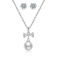 Messing sieradenset, Stud Oorbel & halsketting, met Cubic Zirconia & Plastic Pearl, met 2Inch extender keten, Ronde, silver plated, mode sieraden & voor vrouw, nikkel, lood en cadmium vrij, Lengte Ca 17 inch, Verkocht door Stel