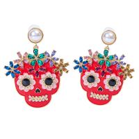 Zinc Alloy Drop Earring, med Plastic Pearl, Skull, forgyldt, Halloween smykker gave & for kvinde & emalje & med rhinestone, flere farver til valg, 60x68mm, Solgt af par