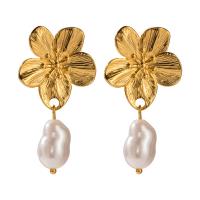 Boucle d'oreille goutte inox, Acier inoxydable 304, avec Shell Pearl, fleur, Placage, bijoux de mode, doré, Vendu par paire