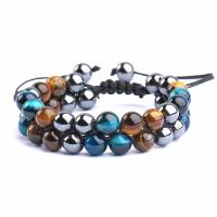 oeil de tigre bracelet, avec Cordon de noeud & Pierre de Noir-Magnetic, Rond, Double couche & bijoux de mode & réglable & pour homme, couleurs mélangées, Bracelet inner diameter :5-7.5cmuff0cbeadsuff1a8mm, Vendu par PC