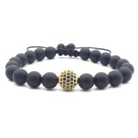 Bracelets en Agate Noir, agate noire, avec laiton, Rond, Placage de couleur d'or, réglable & pavé de micro zircon, noire, 10mm, Longueur Environ 17.5-26 cm, Vendu par PC