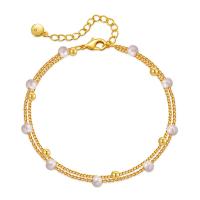 Pulseras de latón, metal, con Perlas de plástico ABS, con 2.36inch extender cadena, 18K chapado en oro, Doble capa & Joyería & para mujer, dorado, libre de níquel, plomo & cadmio, 4mm, longitud aproximado 6.49 Inch, Vendido por UD