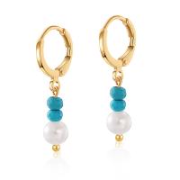 Boucle d’oreille goutte strass Hoop, laiton, avec Shell Pearl & turquoise, Placage de couleur d'or, bijoux de mode & pour femme, doré, protéger l'environnement, sans nickel, plomb et cadmium, 31.50mm, Vendu par paire