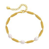 Pulseras de latón, metal, con Perlas cultivadas de agua dulce, con 2.36inch extender cadena, 18K chapado en oro, Joyería & para mujer, dorado, libre de níquel, plomo & cadmio, longitud aproximado 6.49 Inch, Vendido por UD