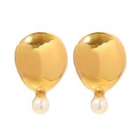 Roestvrij staal Stud Earrings, 304 roestvrij staal, met Plastic Pearl, 18K verguld, mode sieraden & voor vrouw, gouden, 23x15mm, Verkocht door pair