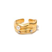 Anillo de dedo acero inoxidable del Rhinestone, acero inoxidable 304, con Perlas plásticas, 18K chapado en oro, Joyería & para mujer & con diamantes de imitación, dorado, ring width 10.9mm, Vendido por UD