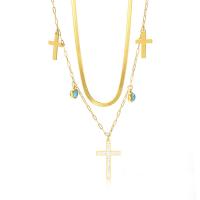 Collier de bijoux en acier inoxydable, Acier inoxydable 304, avec turquoise, avec 1.97inch chaînes de rallonge, croix, Plaqué or 18K, Double couche & pour femme & avec strass, doré, 26mm, Vendu par Environ 15.75 pouce, Environ 17.72 pouce brin