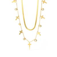 Collana in acciaio inossidabile, 304 acciaio inox, with 1.97inch extender chain, Croce, placcato, Doppio strato & Micro spianare cubic zirconia & per la donna, dorato, 9mm, Venduto per Appross. 15.75 pollice, Appross. 17.72 pollice filo