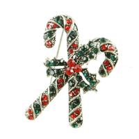 Broches de Noël, alliage de zinc, canne à sucre de noël, Placage de couleur d'or, Conception de Noël & avec strass, plus de couleurs à choisir, 30x43mm, Vendu par PC