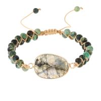 Gemstone Apyrankės, Labradoritas, su Mazgas laidas & Afrikinis turkis & Žalvarinis, Butas Ovalo formos, aukso spalva padengtas, Reguliuojamas & Bižuterijos & unisex, mišrios spalvos, Ilgis Apytiksliai 16 cm, Pardavė PC