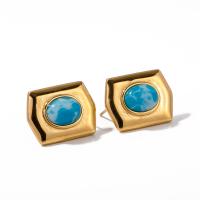 Stainless Steel Stud Øreringe, 304 rustfrit stål, med Larimar, 18K forgyldt, mode smykker & for kvinde, gylden, 21x16mm, Solgt af par