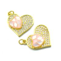 Cubique Pendentif en laiton zircon pavent, avec coquille d'ormeau, coeur, Placage de couleur d'or, DIY & pavé de micro zircon, rose, protéger l'environnement, sans nickel, plomb et cadmium, 15x18mm, Vendu par PC