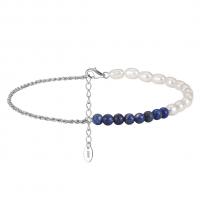 Faisean Sterling Silver Anklet, 925 Sterling Silver, le Lapis Lazuli & Pearl Fionnuisce, le 5CM slabhra extender, plátáilte, do bhean, dathanna níos mó le haghaidh rogha, Fad Thart 22 cm, Díolta De réir PC