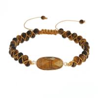 Natural Tiger Eye pulseiras, olho de tigre, with Cordão de Nó & cobre, Oval achatado, cromado de cor dourada, Ajustável & joias de moda & unissex, cores misturadas, vendido por PC