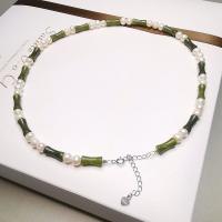 Sterling Zilveren halskettingen, 925 sterling zilver, met Peridot & Zoetwater Parel, met 6cm extender keten, mode sieraden, nikkel, lood en cadmium vrij, Lengte Ca 45 cm, Verkocht door PC