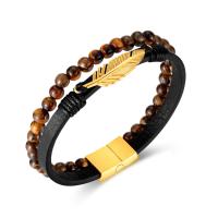 Bracelets cordon PU, cuir PU, avec oeil de tigre & Acier inoxydable 304, forme de plume, Vintage & pour homme, Longueur 200 mm, Vendu par PC