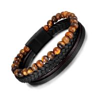 PU leder koord armbanden, met Tiger Eye & 304 roestvrij staal, Vintage & voor de mens, 13mm, Lengte 205 mm, Verkocht door PC