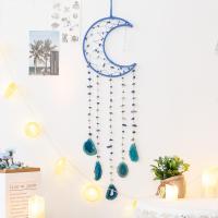 Mode Dreamcatcher, Natur grus, med lædersnor & Agate & Jern, Moon, håndlavet, til hjemmet og kontoret, blå, 750mm, Solgt af PC