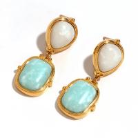 Boucle d'oreille de gaujon en acier inoxydable, acier inoxydable 316L, avec Amazonite, Plaqué or 18K, bijoux de mode & pour femme, doré, 42.30x17.20mm, Vendu par paire